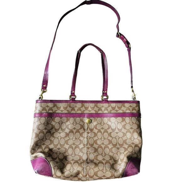 COACH LEATHER CARRYALL IN SIGNATURE CANVAS KHAKI LILAC  LEATHER TOTE BAG - Picture 2 of 16